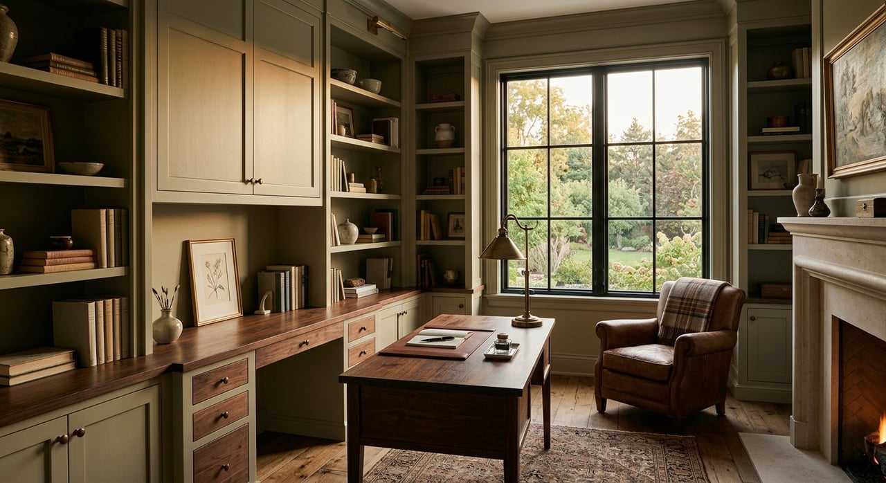 Off-white built-in study desk beneath a divided-lite window, with a walnut top, tucked-in chair, and ivory lamp.