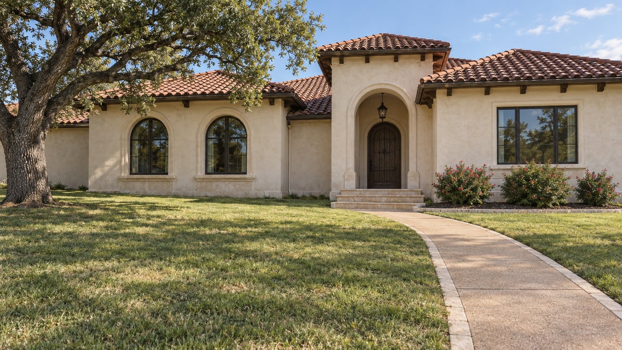 Ivory stucco home with red barrel-tile roofs, recessed arched entry, and a deep lawn beneath a mature live oak.