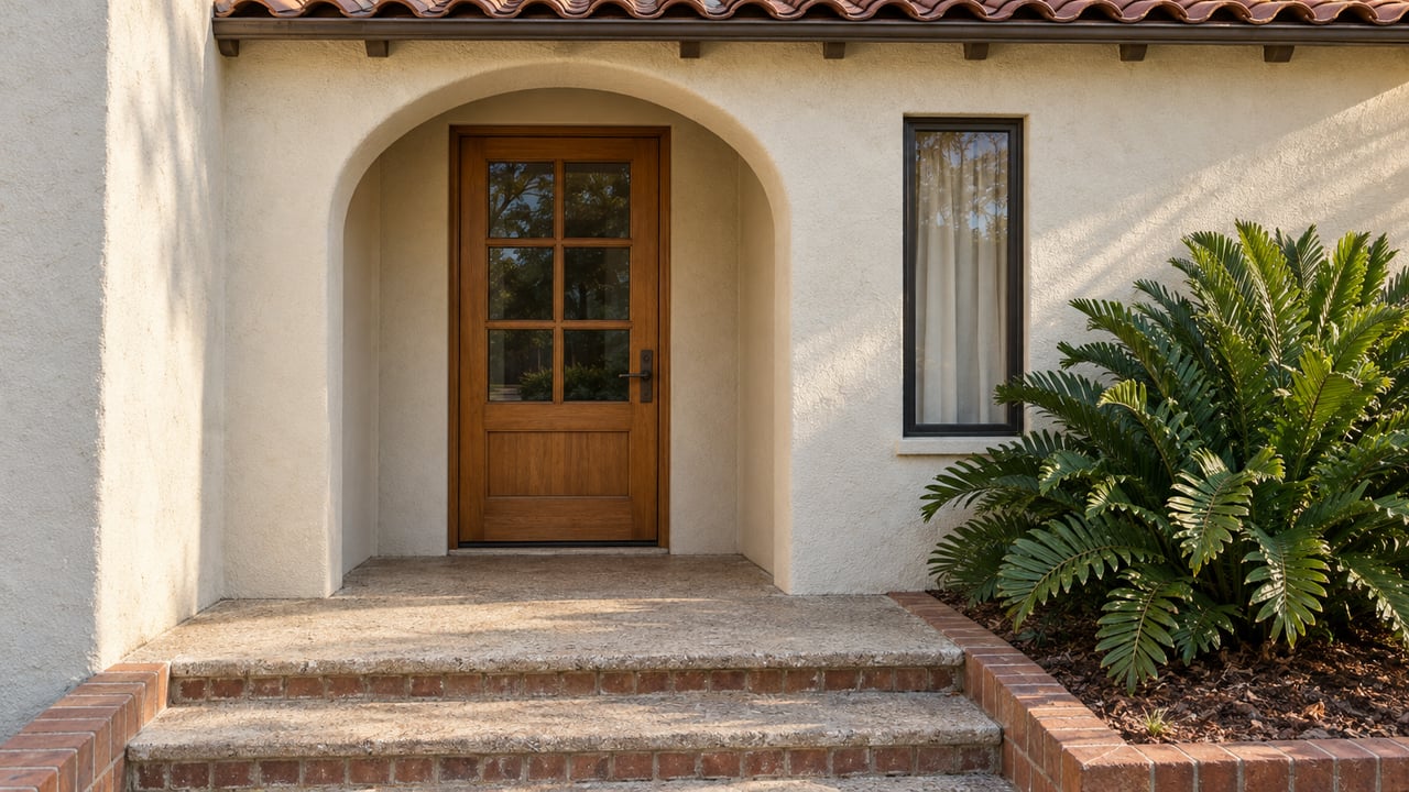Cream-stucco home entrance with a glazed timber door, terracotta eave, shell-aggregate steps and a coontie planting.