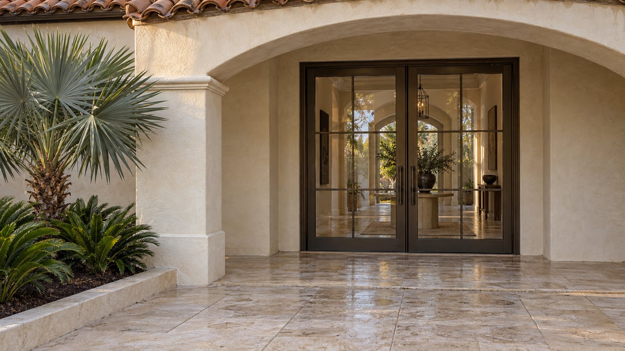 Closed bronze-framed glass doors beneath a cream stucco arch, with terracotta eaves and damp limestone paving.