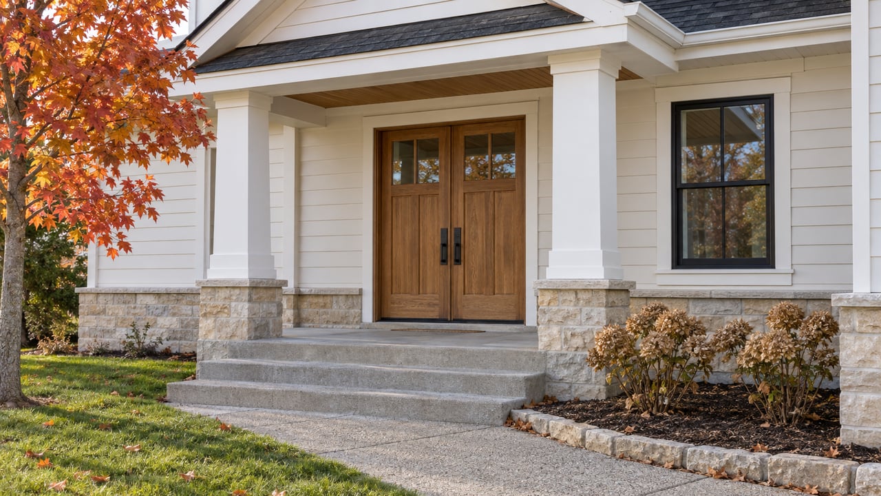 White-sided home with paired oak entry doors, a concrete porch and orange autumn maple foliage.