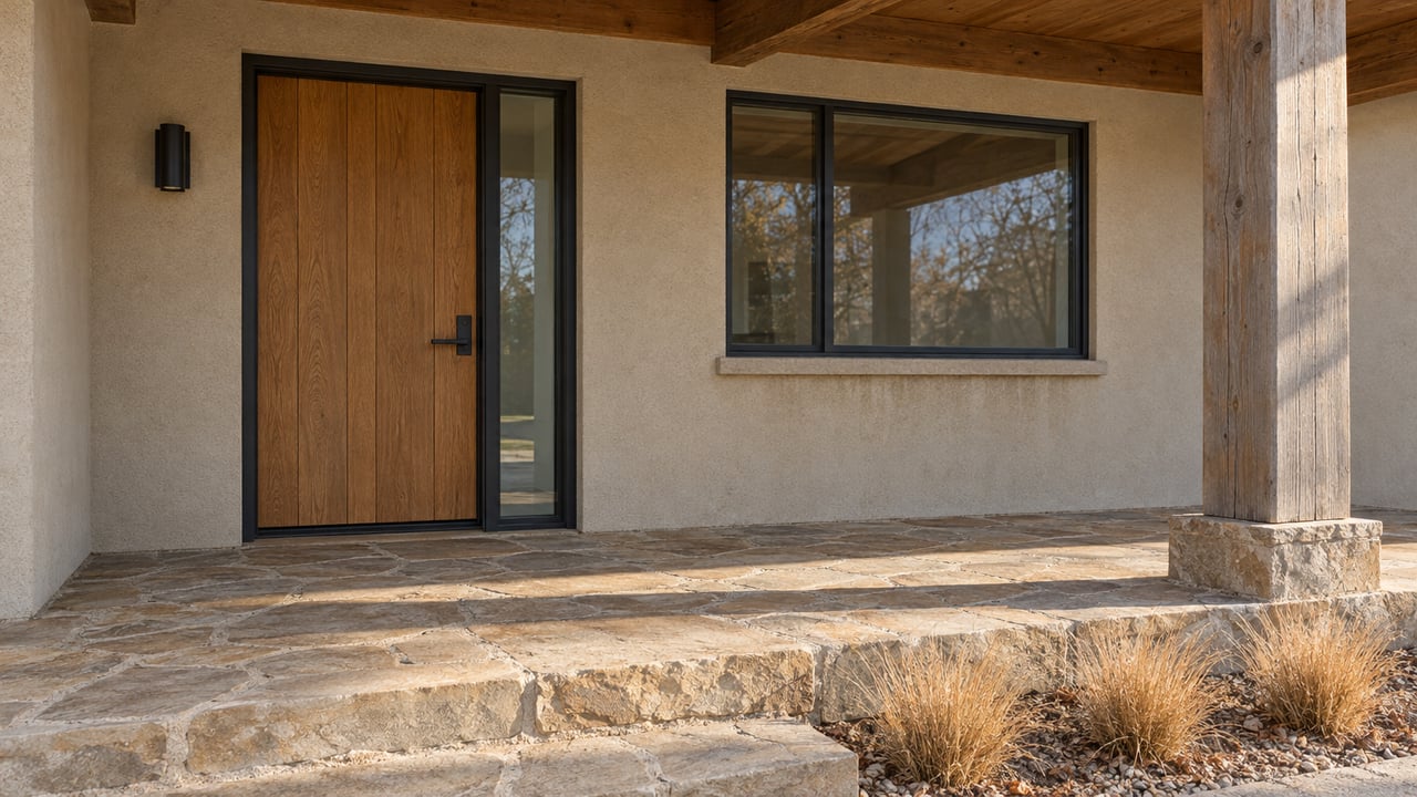 Covered home entrance with an oak door, timber beam and post, sandstone paving and three dry blue grama tussocks.