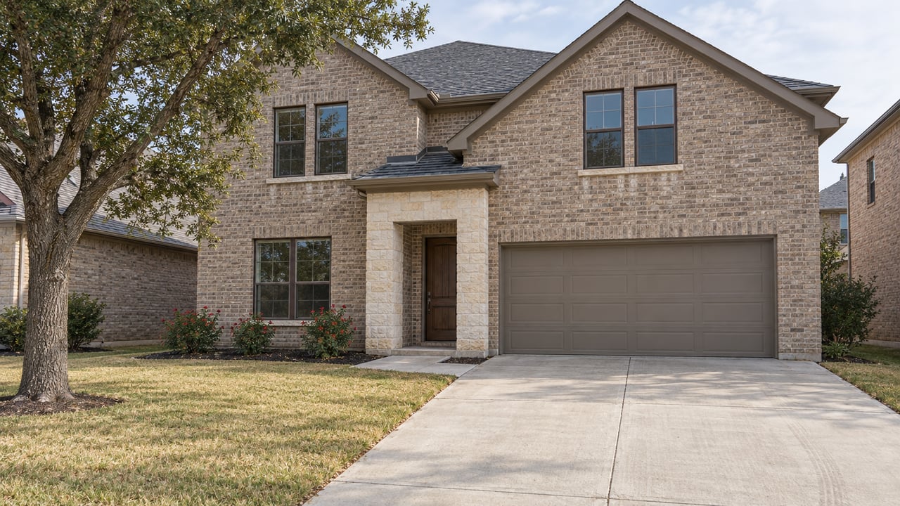 Two-story brick and limestone home with dark gables, a broad concrete driveway, autumn lawn, and a spreading live oak.