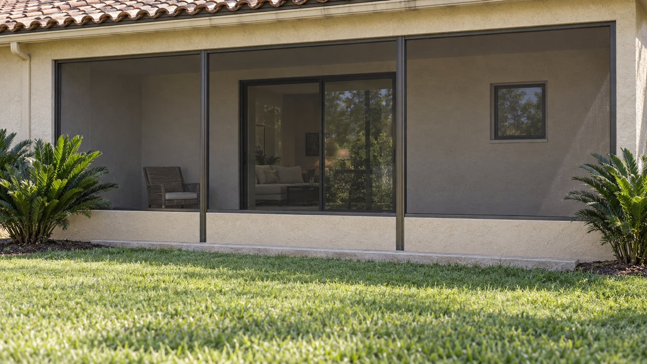 Screened three-bay lanai behind a broad lawn, with terracotta roof tiles and two dark green cycads.
