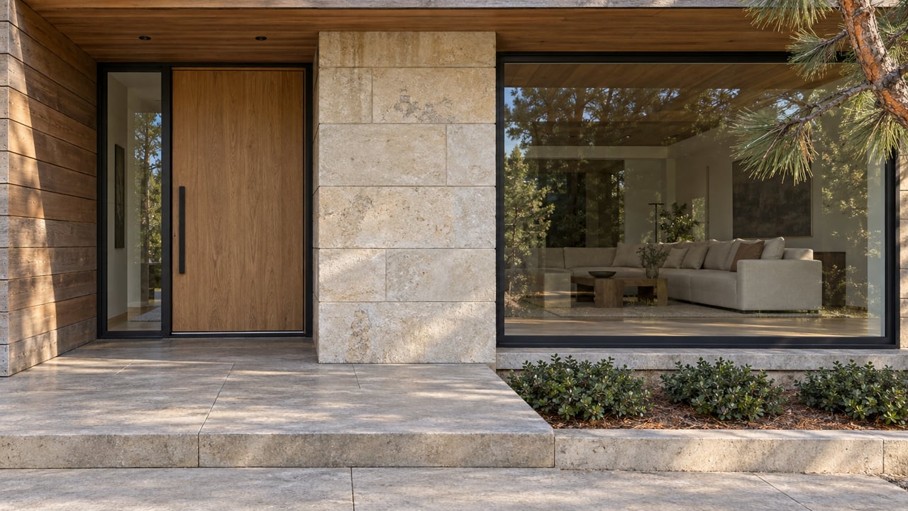 Cedar and limestone home exterior with a recessed oak entry, black-framed window and a broad stone landing beside a pine branch.