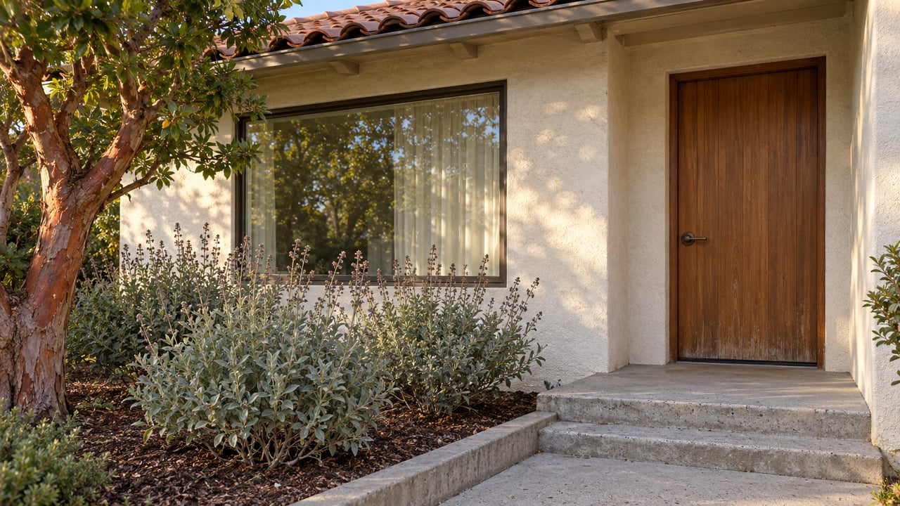 Sunlit stucco home entrance with a cedar door, clay-tile eave, strawberry tree and silver-green sage beside concrete steps.