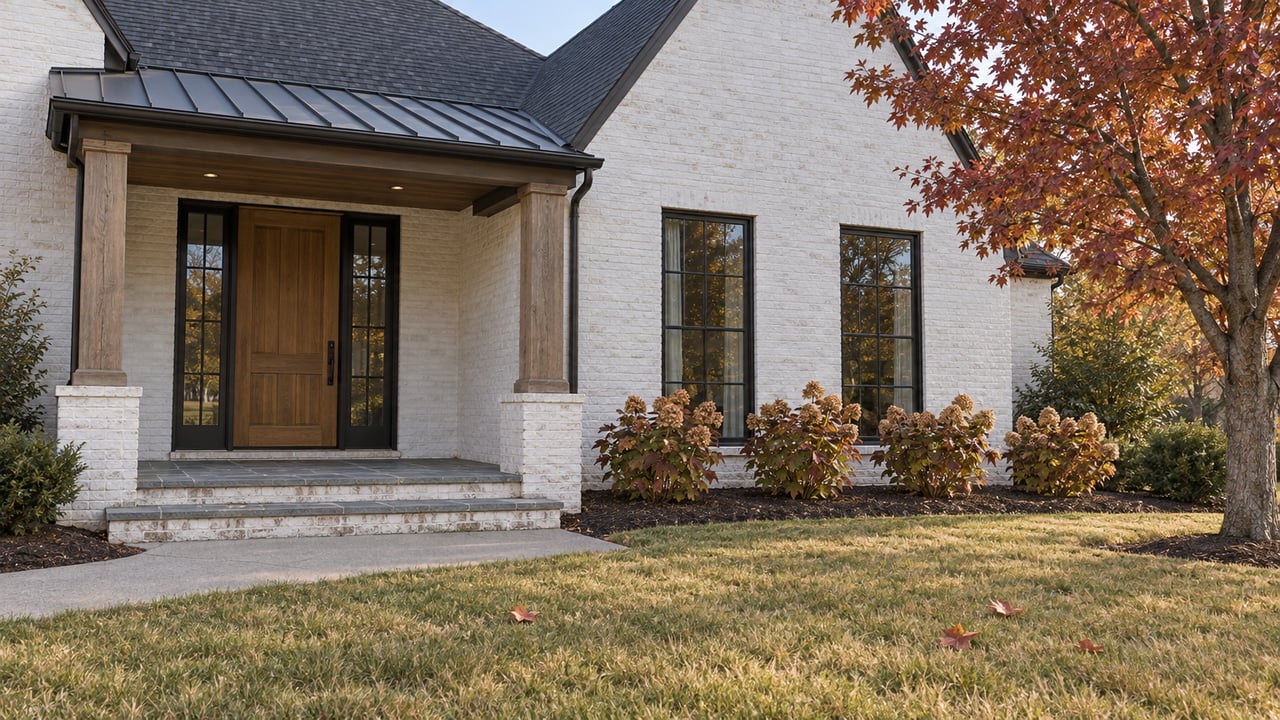 White-painted brick home with an oak-post porch, dark roof accents, autumn maple foliage, and a broad front lawn.