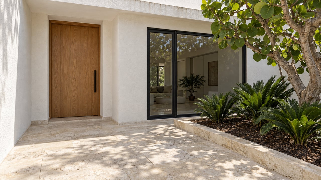 Sunlit white stucco home entry with an oak door, black-framed window, limestone paving and a raised tropical planting bed.
