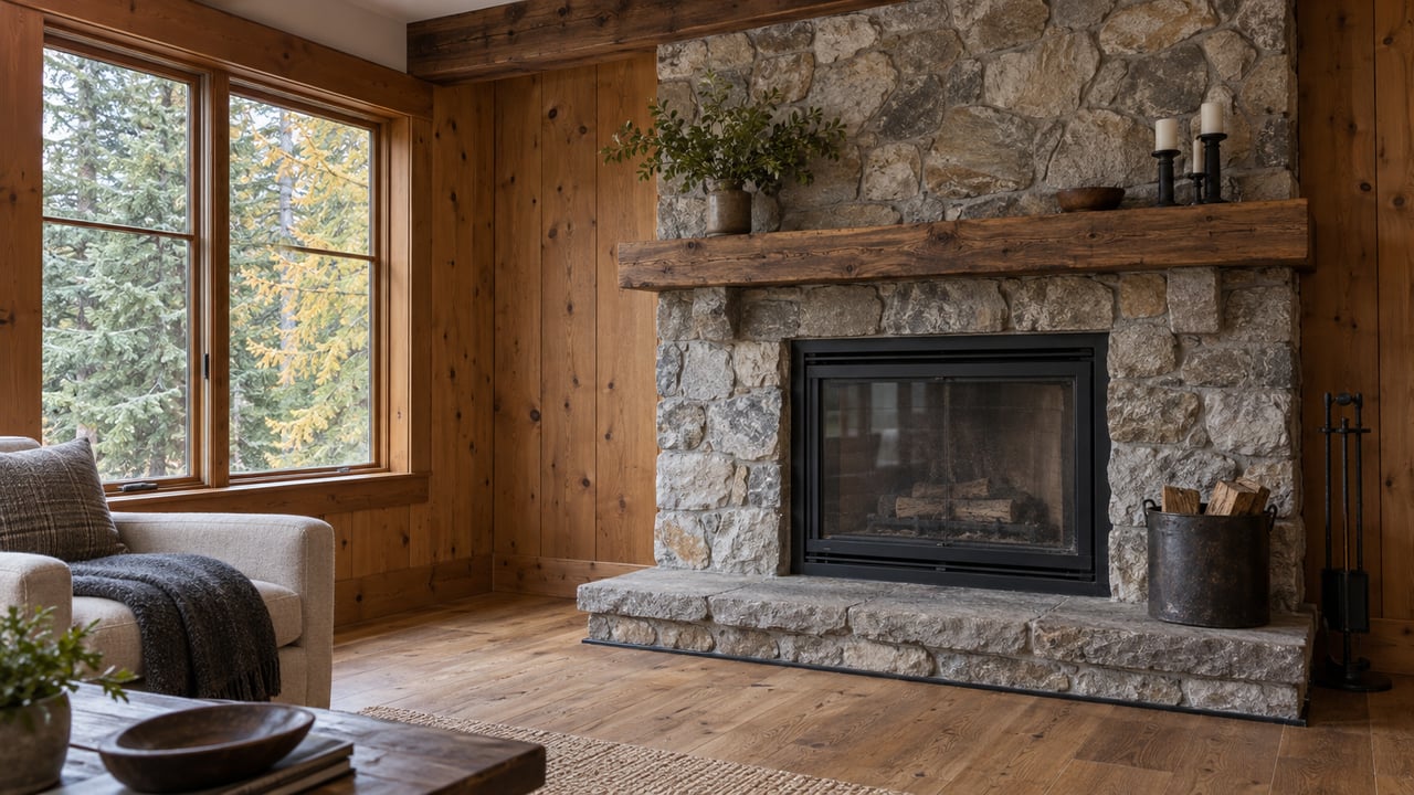 Stone fireplace with a closed black firebox beside a window framing nearby evergreens.