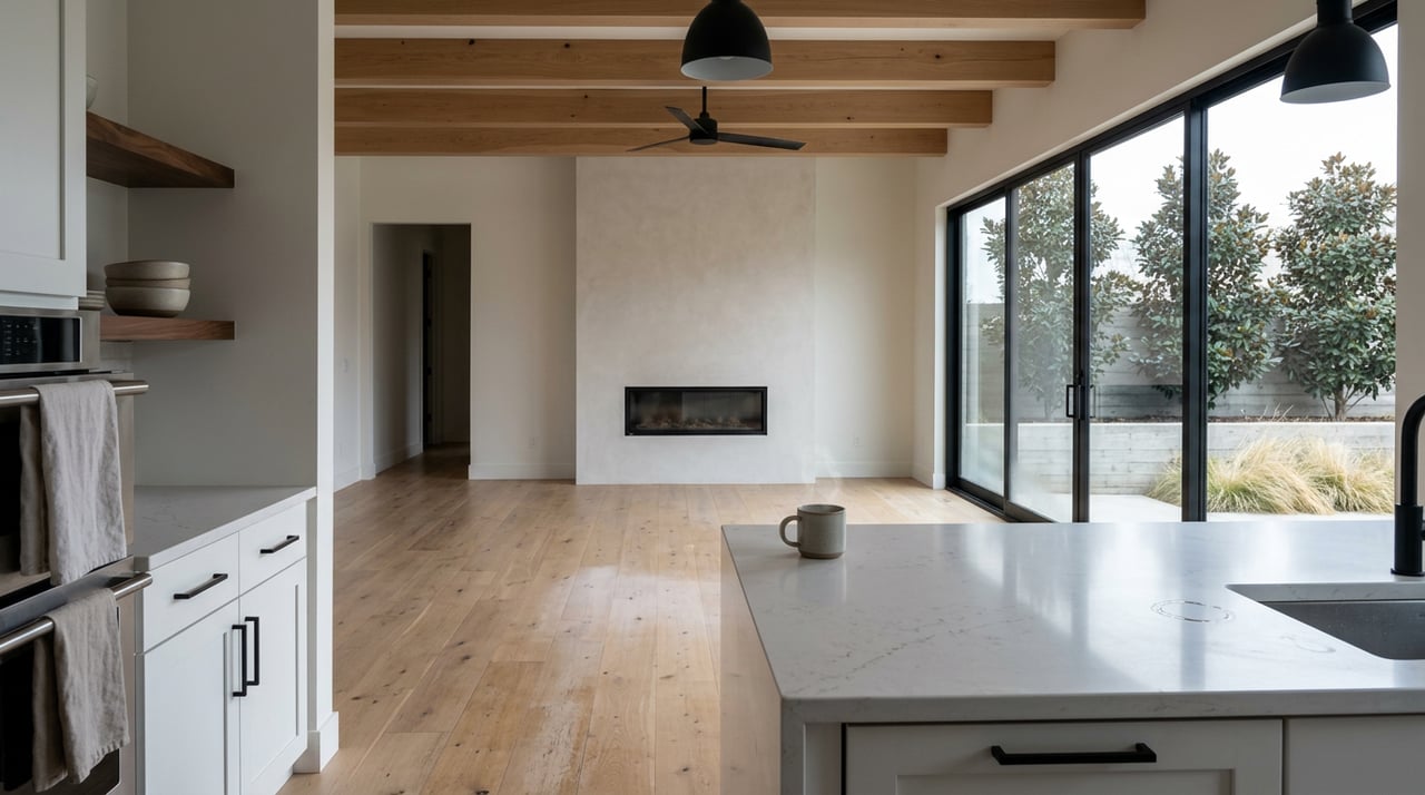 Quartz kitchen island opens onto a great room with a linear fireplace and glass wall overlooking magnolias.