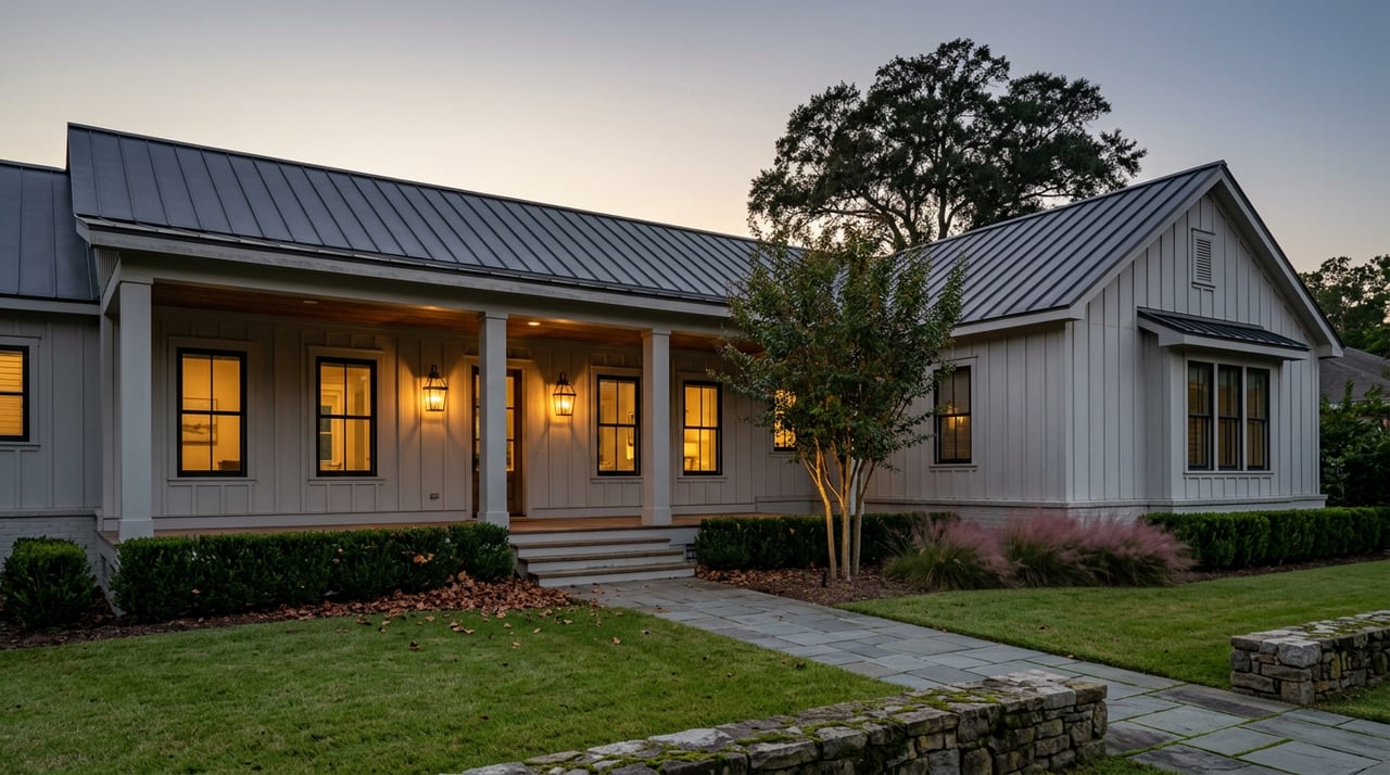 Dove-gray farmhouse with a full-width porch glowing under lanterns at dusk, framed by an oak and boxwood hedge.
