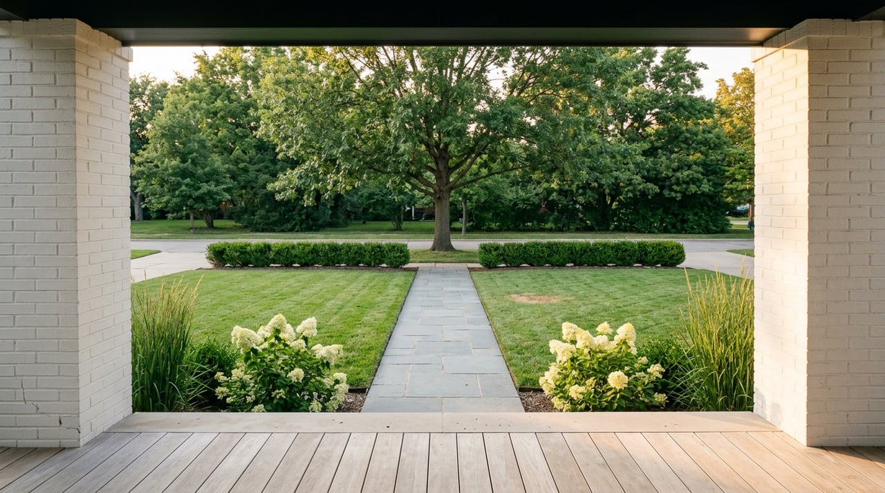 Porch-framed bluestone walkway leads through a clipped hedge to a mature oak in a sunlit lawn.