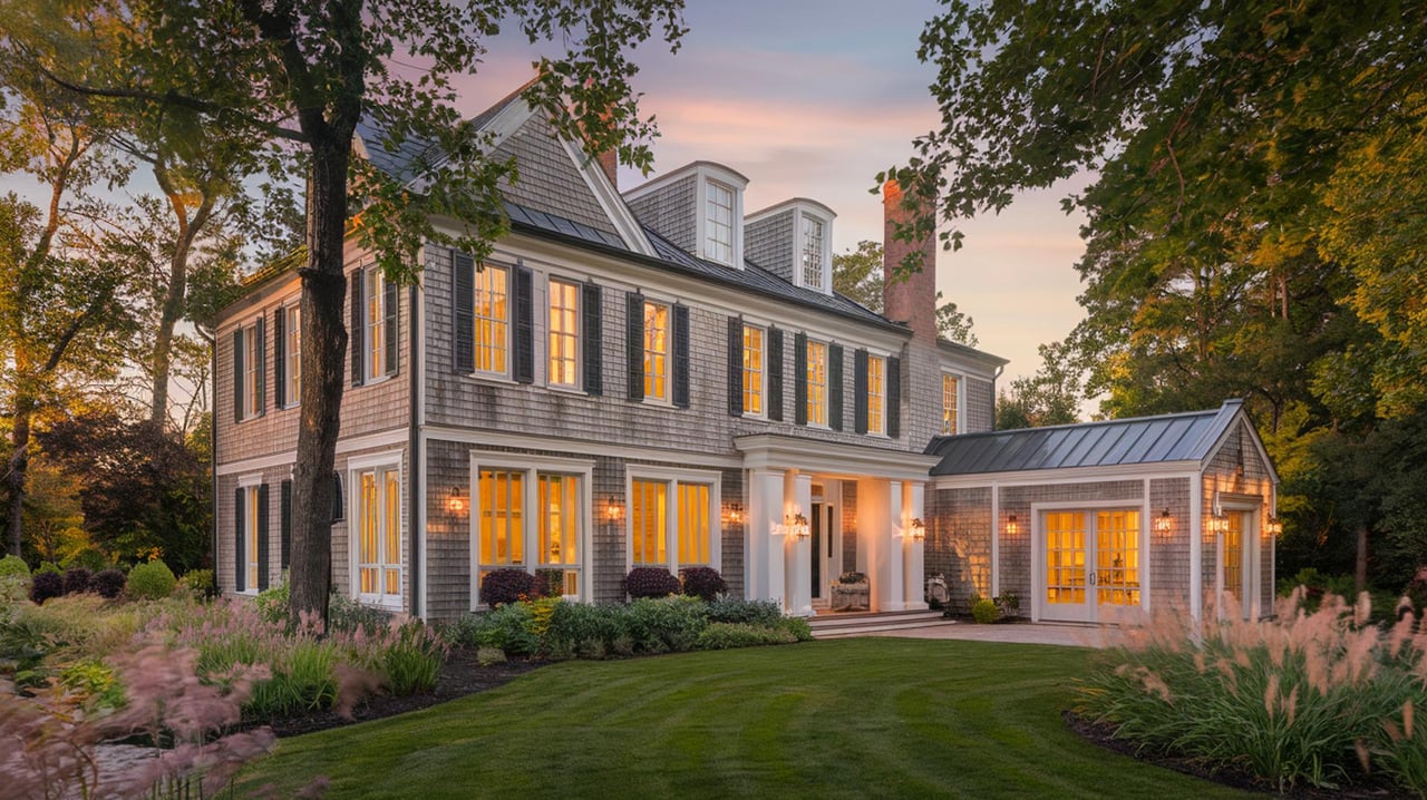 Large gray-shingled house with glowing windows, roof dormers, and a one-story wing at dusk.