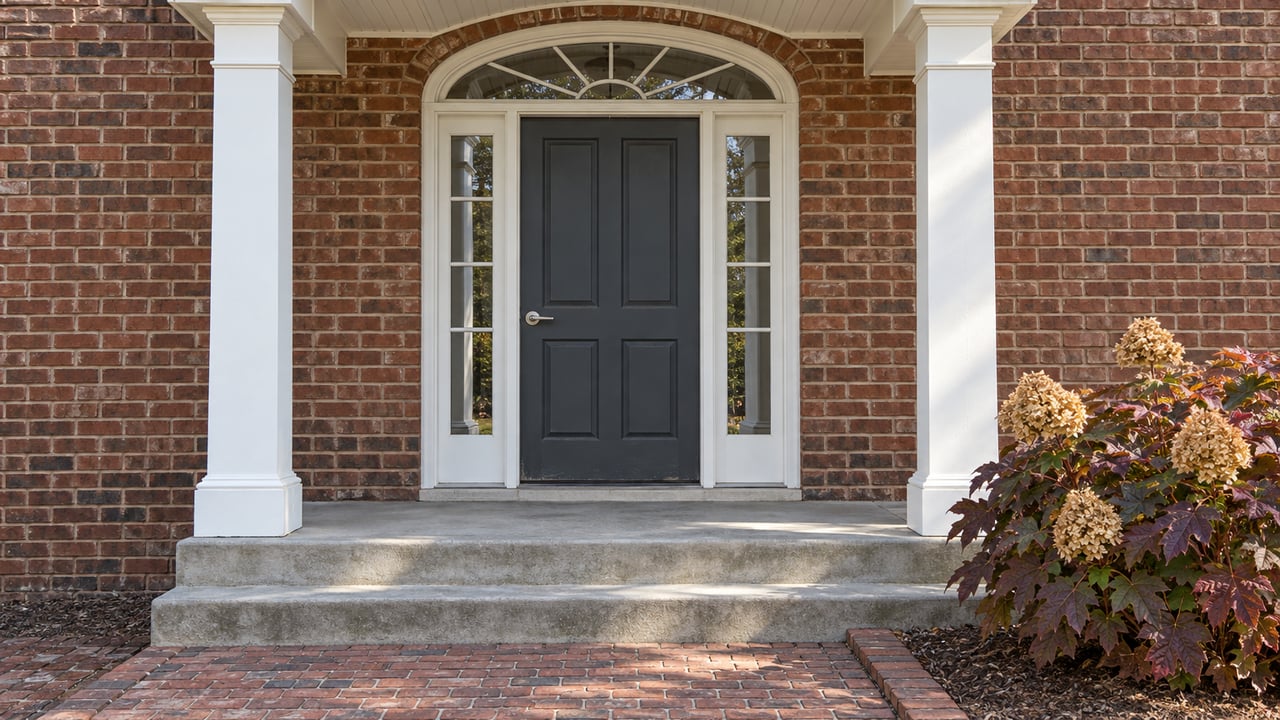 Brick home entrance with a charcoal door, white portico columns, gray concrete steps and an oakleaf hydrangea in autumn color.