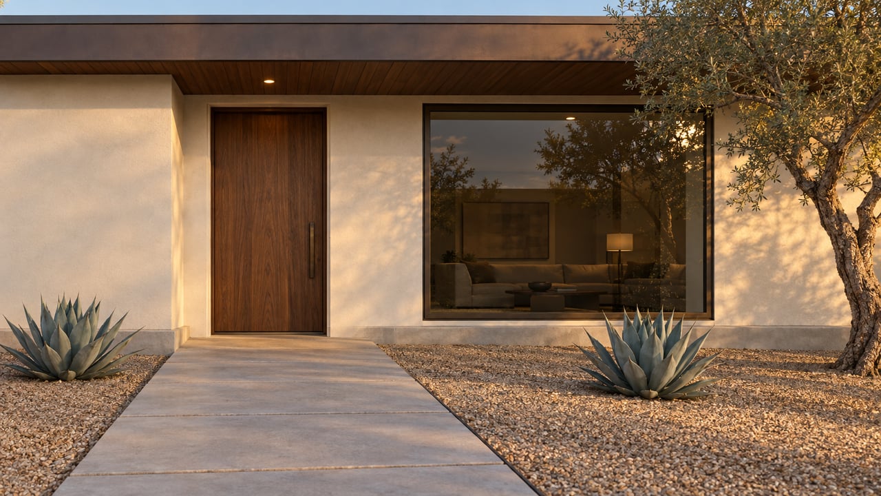Cream-stucco home entry with a walnut door, bronze-framed window, gravel garden, and desert plants.