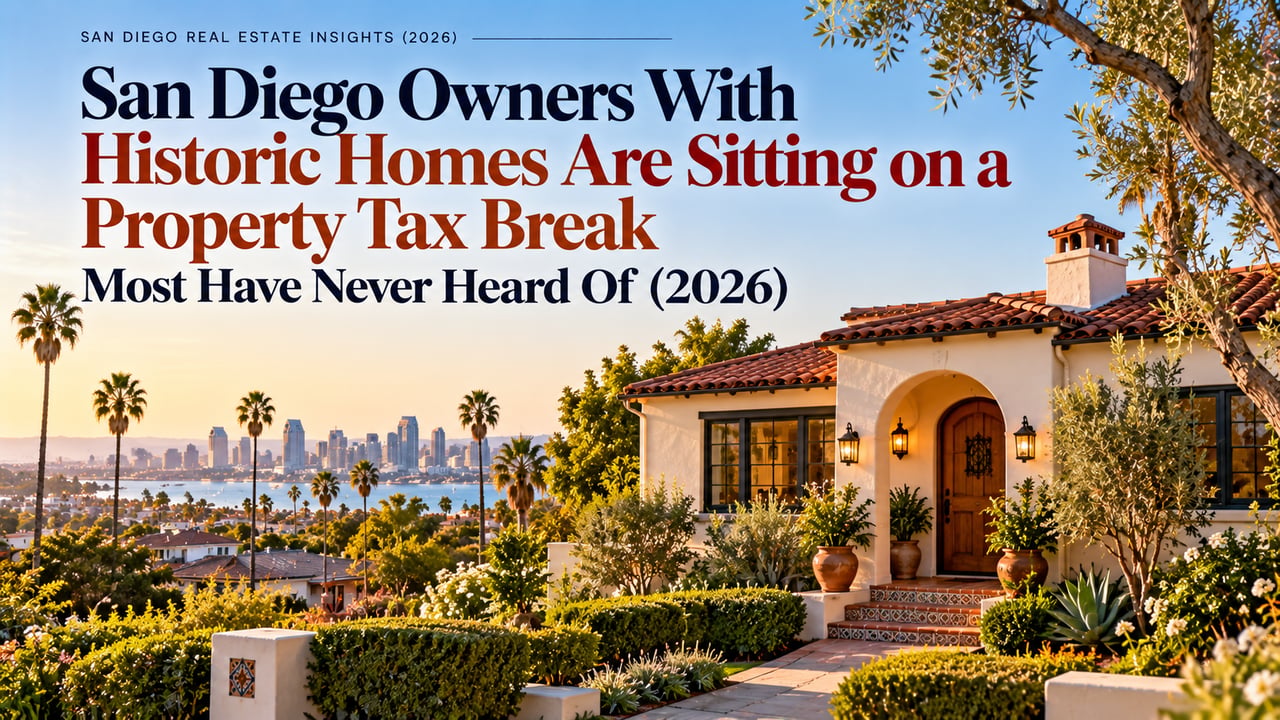 San Diego historic-home property tax break article, over a Spanish-style house overlooking the bay and skyline.