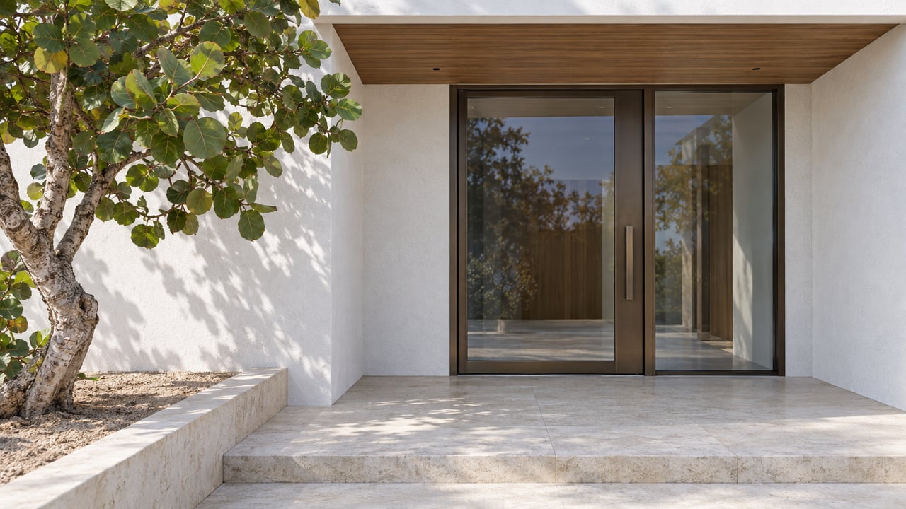 Sunlit white-stucco villa entry with bronze-framed glass, a wood soffit, pale limestone steps and a sculptural sea-grape tree.