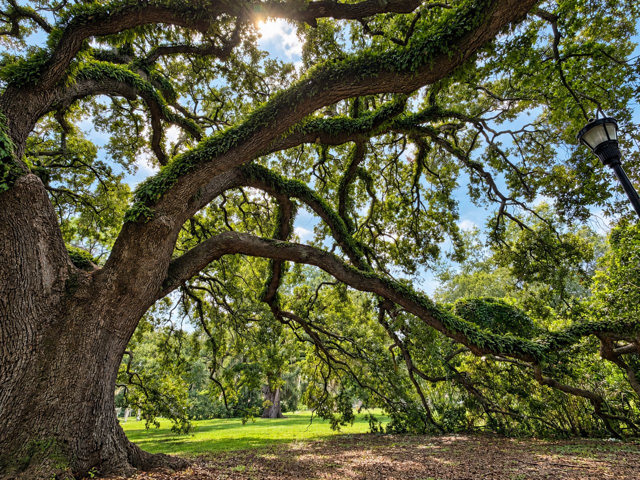 A sprawling oak shades a sunlit park lawn beneath a leafy canopy.