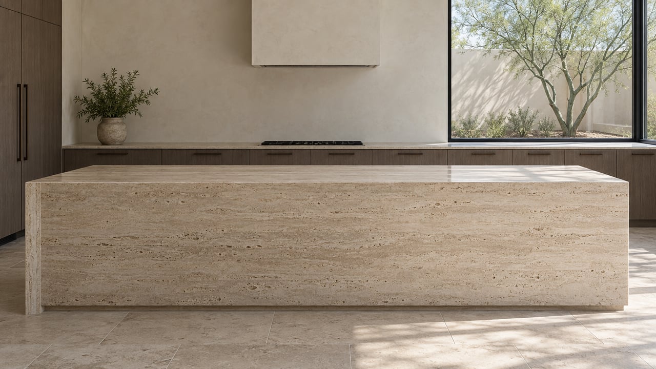 Custom kitchen with a pale travertine island, smoked oak cabinetry, and a black-framed window overlooking a tree.