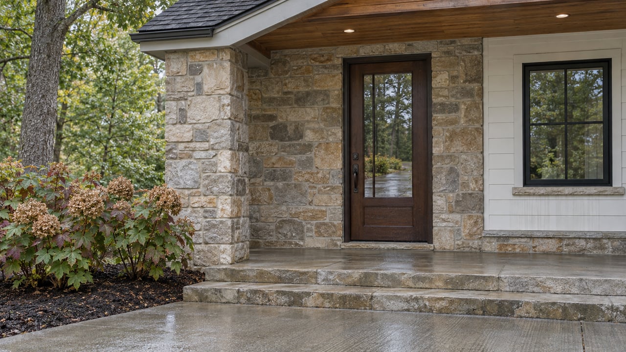 Covered entry with sandstone walls, a glazed oak door, broad stone steps and autumn oakleaf hydrangeas.