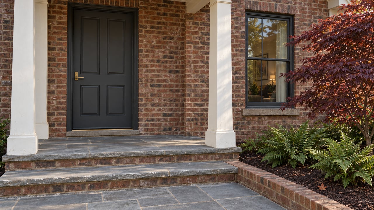Brick-front home entry with a charcoal door, white porch posts, bluestone steps and a burgundy Japanese maple.