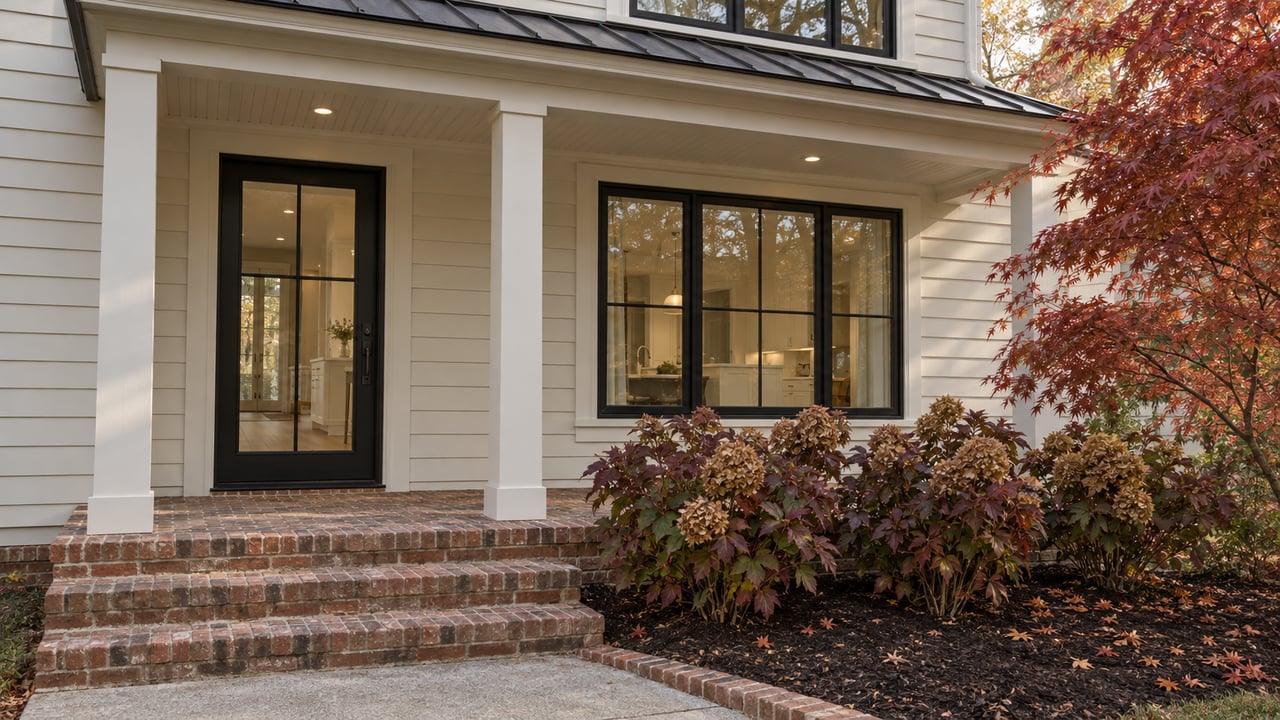 Cream-sided home with a sheltered glazed entry, weathered brick steps and copper-red autumn planting.