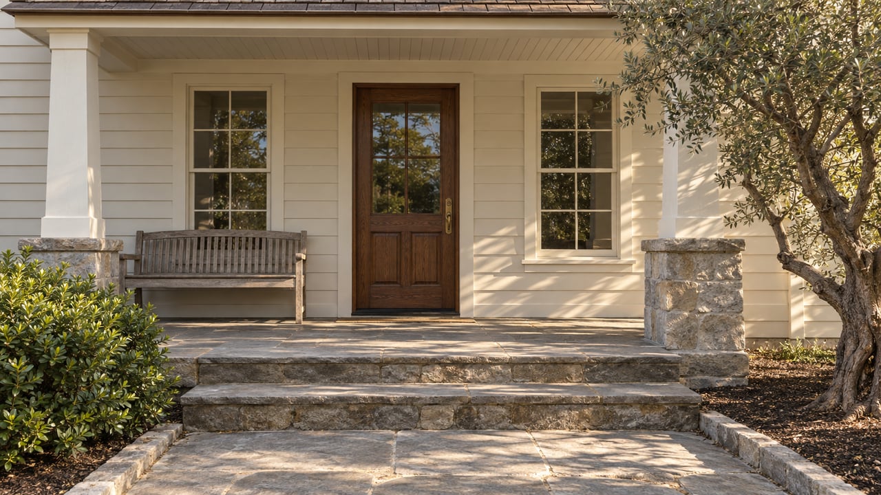 Sunlit cottage porch with ivory wood siding, oak glazed entry door, stone steps, a teak bench and a silver-leaved olive tree.