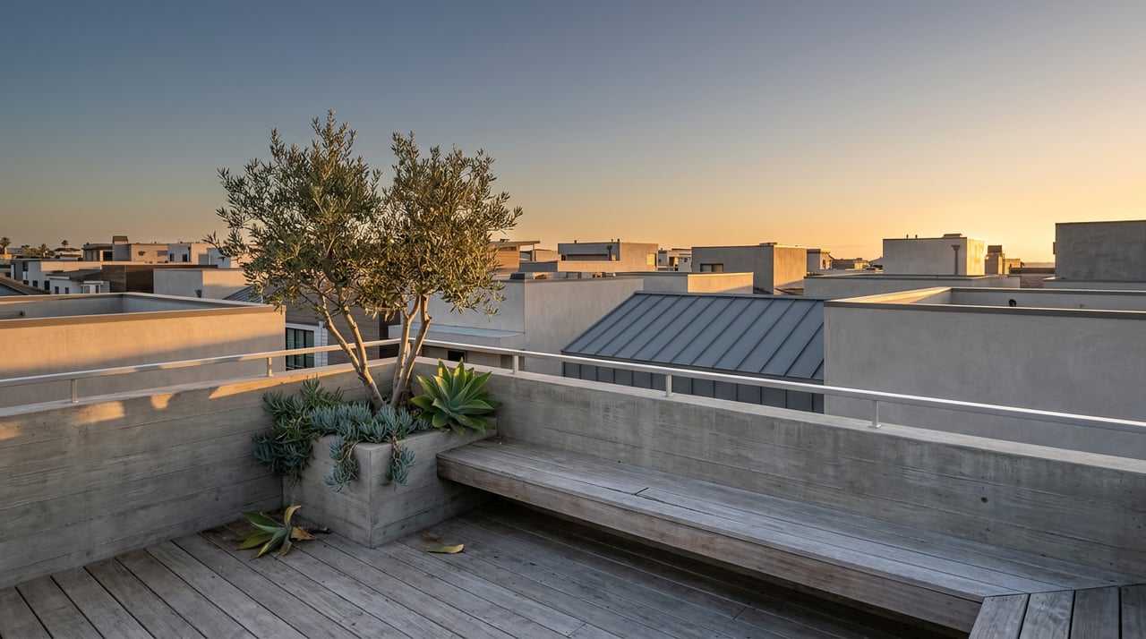 A rooftop terrace with weathered teak decking, an olive tree, agave, and neighboring rooftops against the evening sky.