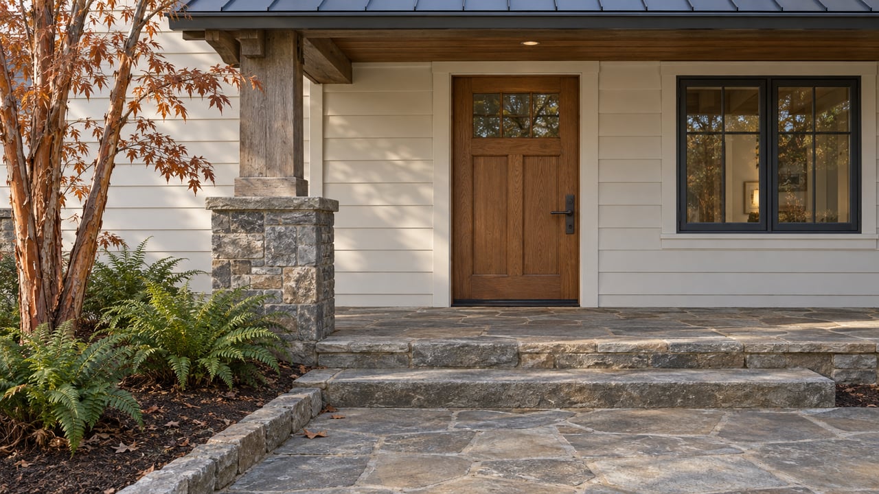 Stone steps lead to a sheltered oak front door beneath a timber porch, with light siding and autumn planting.