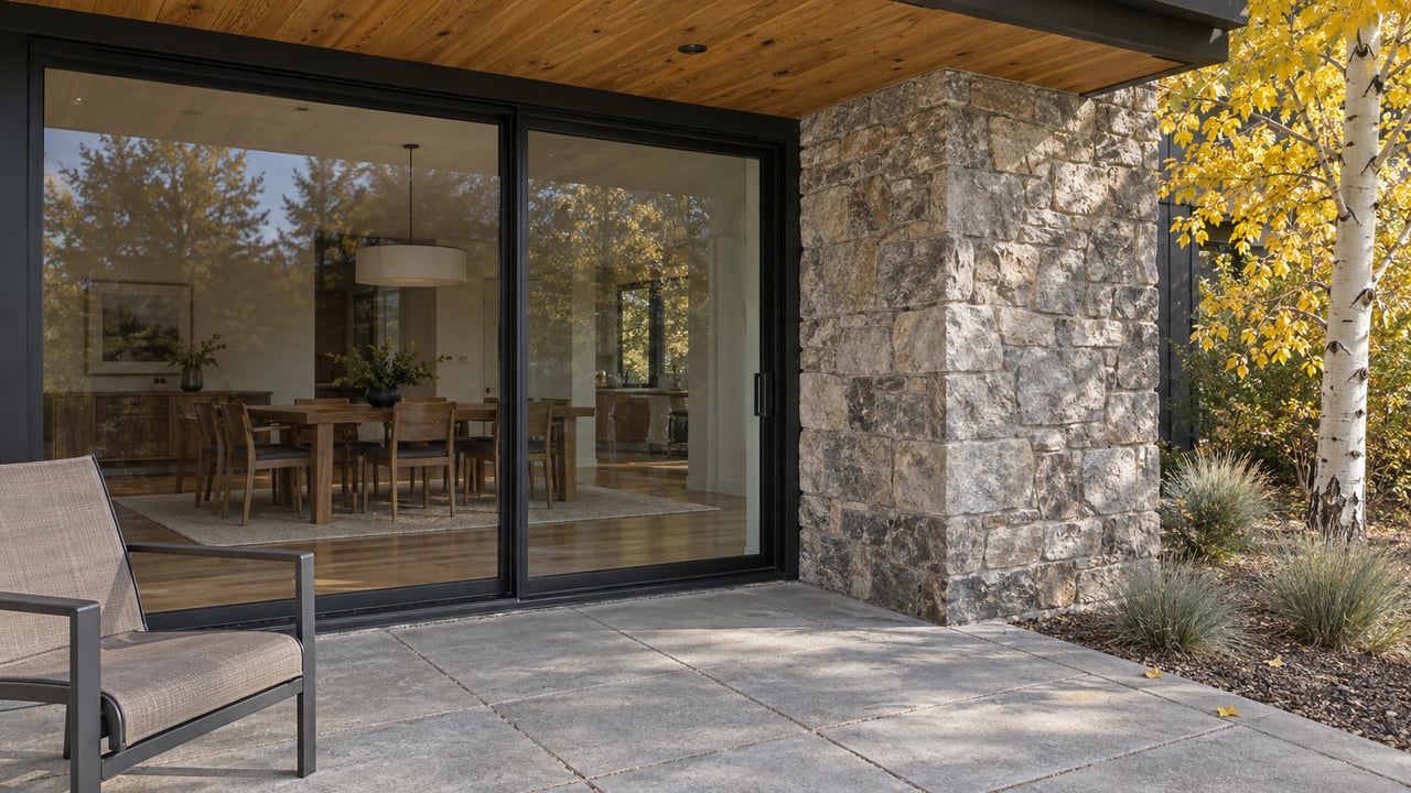 Autumn light on a cedar-lined covered terrace with quartzite masonry, dark-framed glass doors and a golden-leaved aspen.