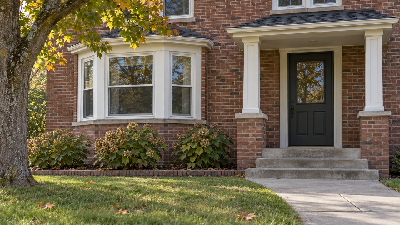 Red-brick house with a bay window, columned porch, and black front door in autumn.