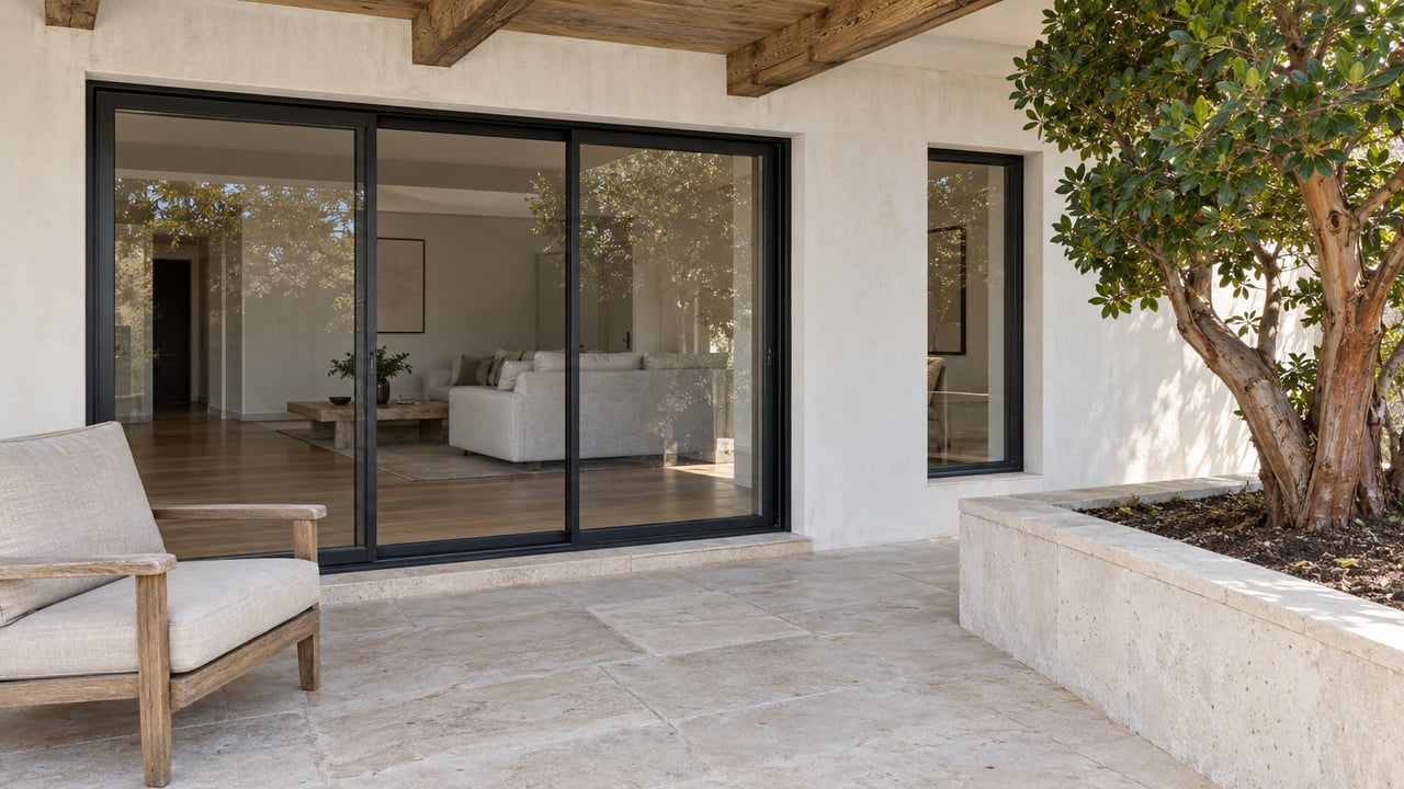 Covered terrace with oak beams, pale limestone paving, a teak chair and closed black-framed glass doors into a bright living room.