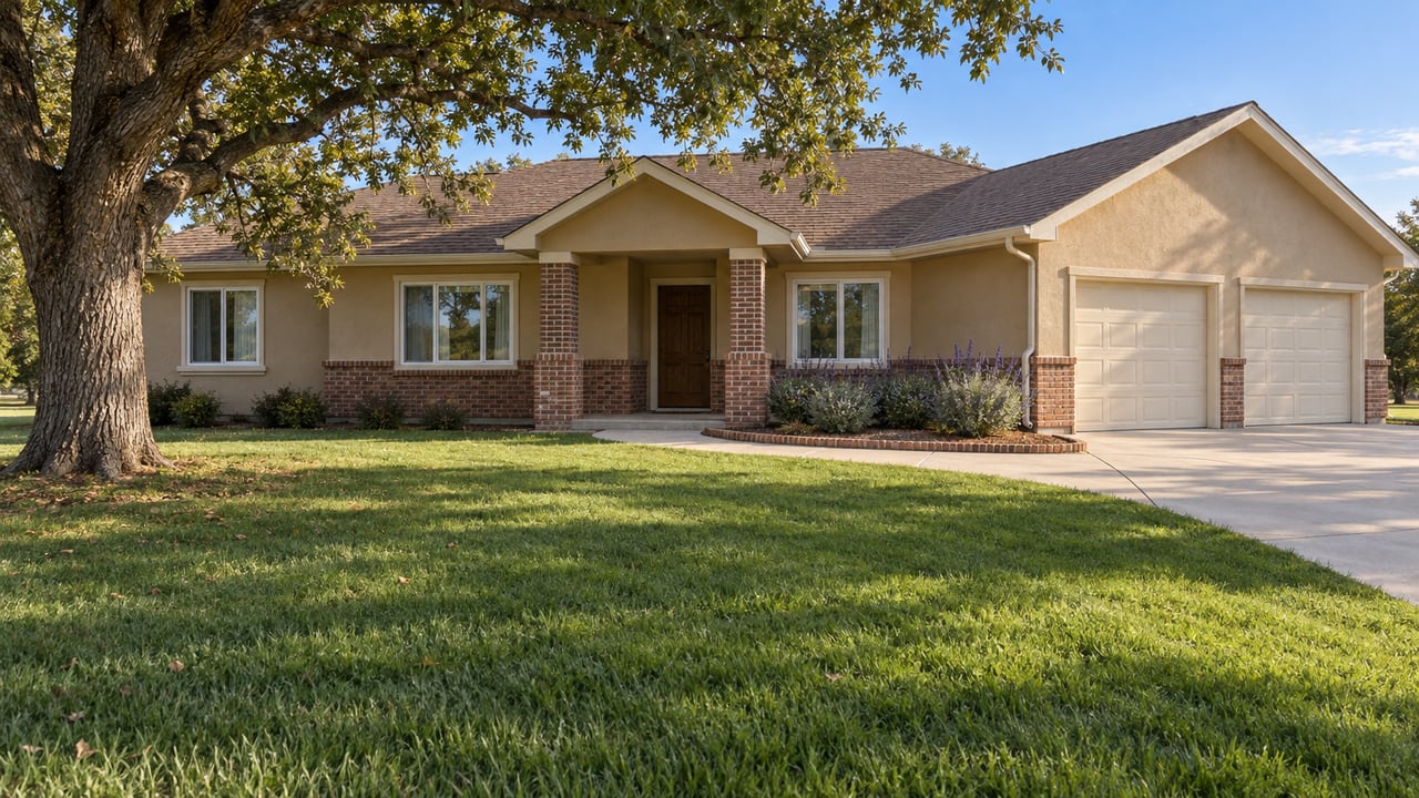 Tan single-story home with brick porch piers, a broad front lawn and a mature spreading oak in afternoon light.