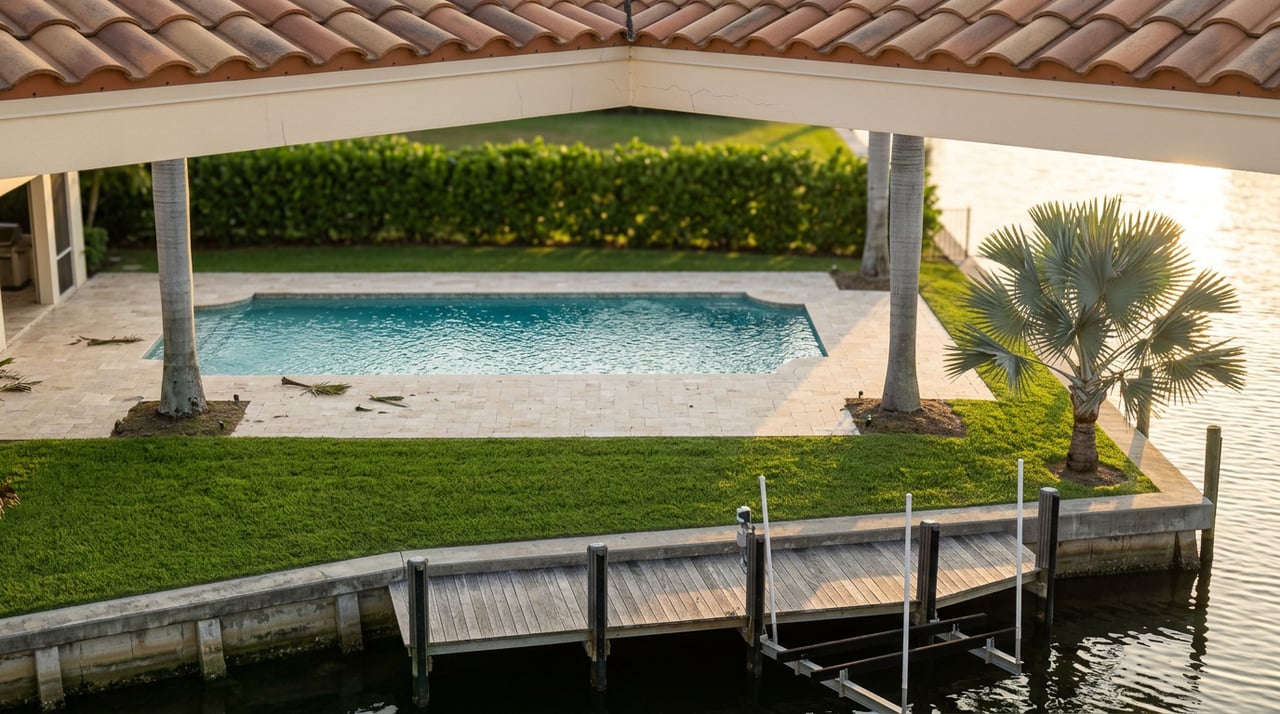 Raised view across a turquoise pool and lawn to an aged seawall, weathered dock, and empty boat lift on a canal.