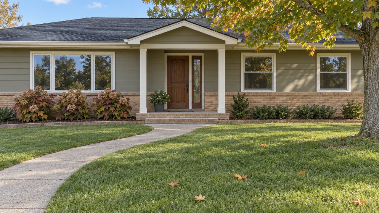 An olive-gray ranch home with a buff brick foundation, deep front lawn, curved concrete walk and a maple beginning to turn amber.