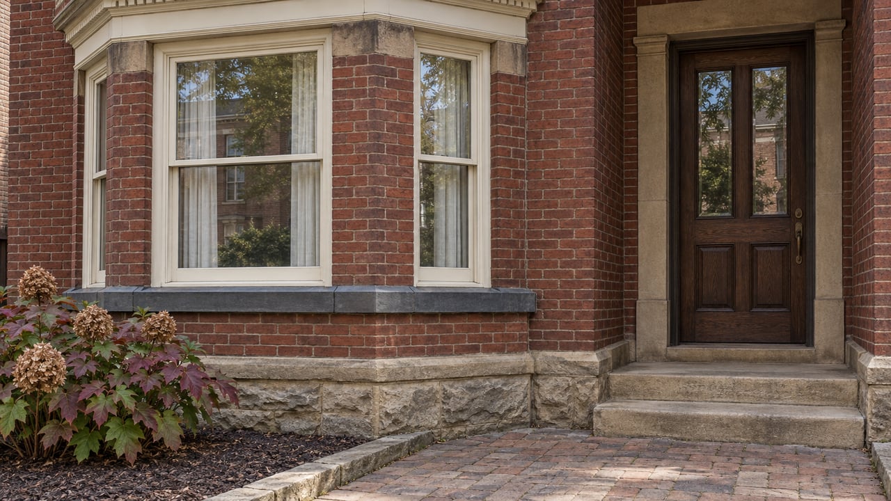 Red-brown brick home with ivory bay windows, a recessed oak entrance, worn sandstone steps, and burgundy oakleaf hydrangea.
