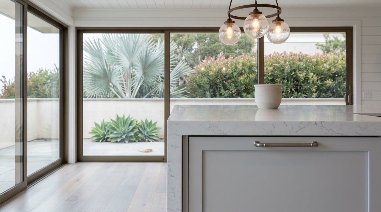 Kitchen island with a veined white quartz top, pale gray cabinets, and bronze globe pendants; terrace plants blur beyond glass sliders.