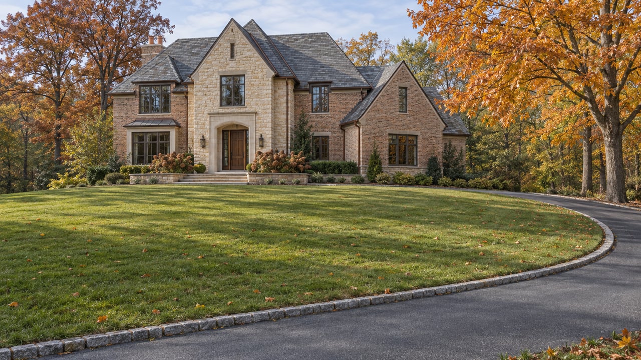 Brick and limestone estate beyond an expansive autumn lawn, with a curved drive and mature orange and russet trees.