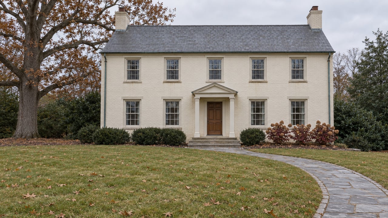 Ivory painted-brick house with a slate roof, broad autumn lawn, mature white oak and a curved flagstone approach under soft overcast light.