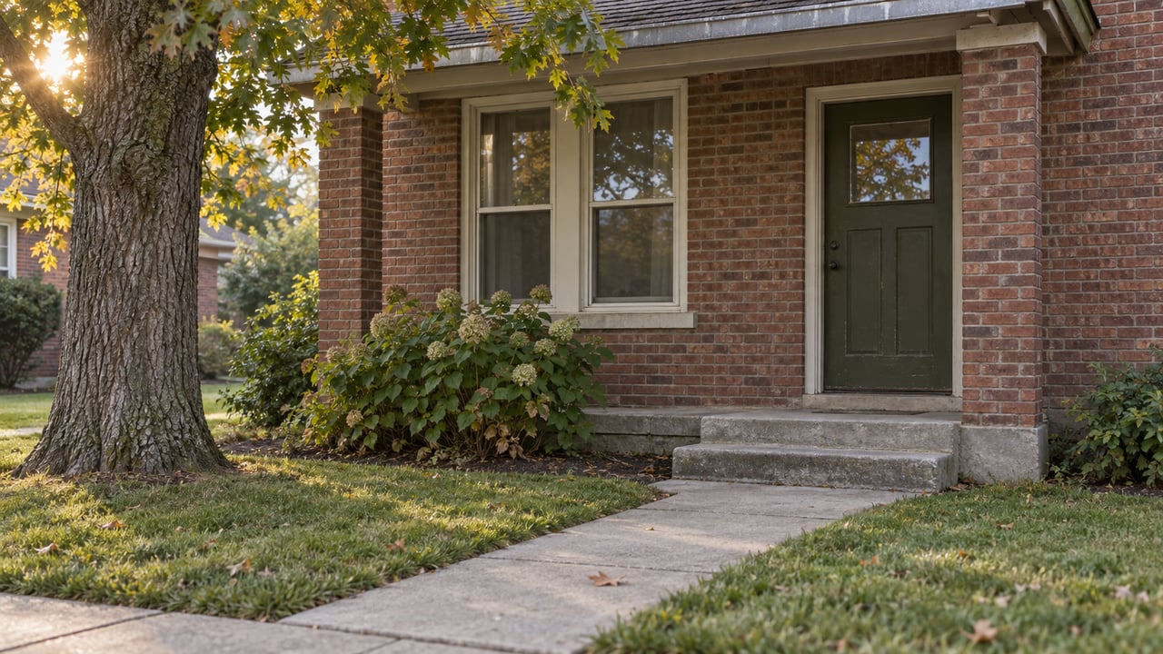 Brick cottage entry with an olive door, paired windows, and a mature oak shading the front walk.