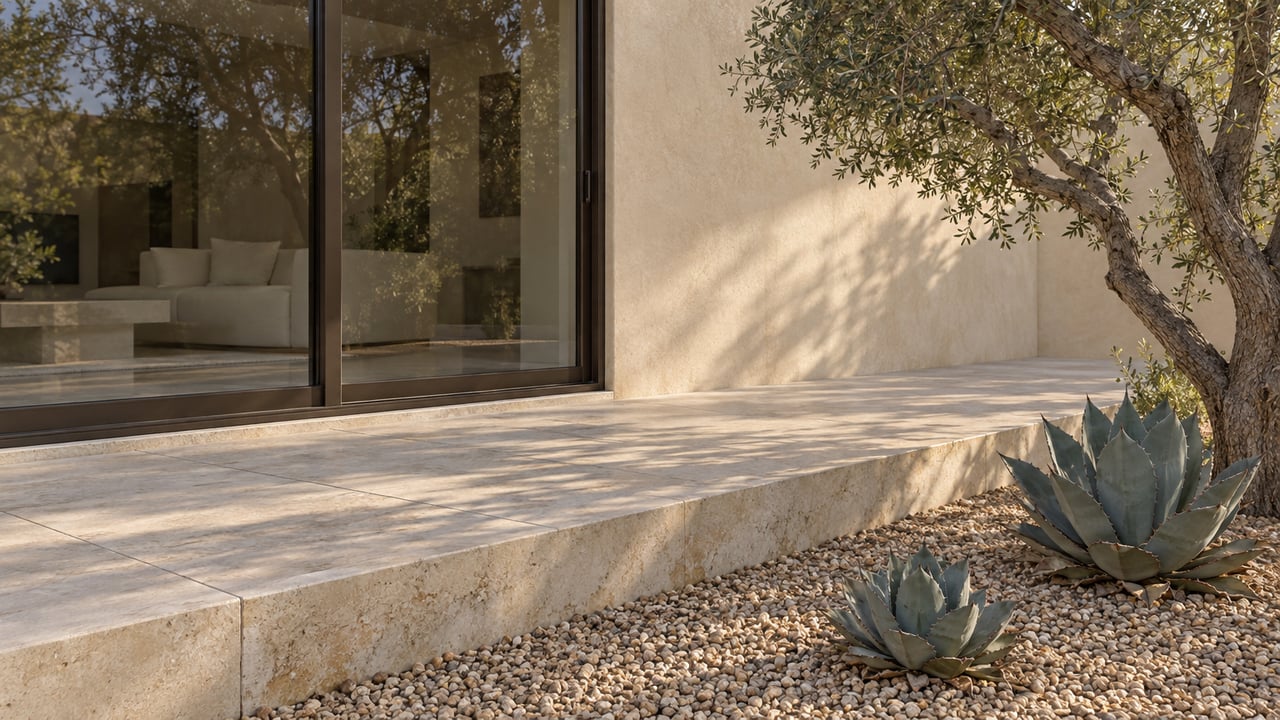 Pale limestone terrace beside bronze-framed glass doors, with a desert ironwood tree and two sculptural agaves in a recessed gravel bed.