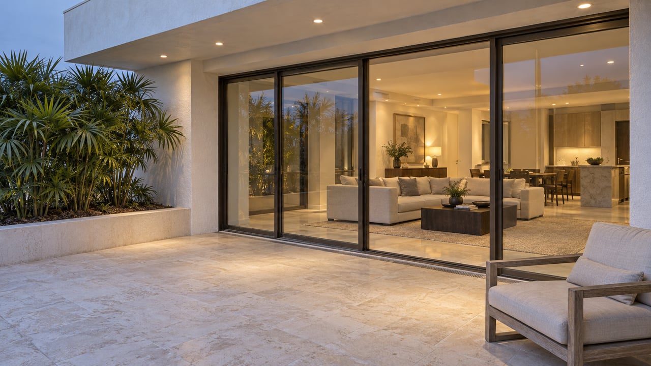 Blue-hour terrace of a modern residence with limestone pavers, bronze-framed glass doors, a teak lounge chair and a raised lady-palm planter.