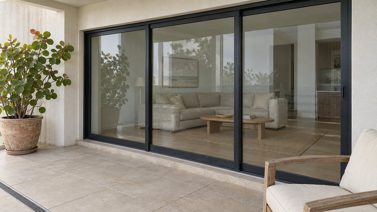 Covered terrace with pale stucco, black-framed sliding glass doors, a teak chair and a potted sea grape beside a bright living room.