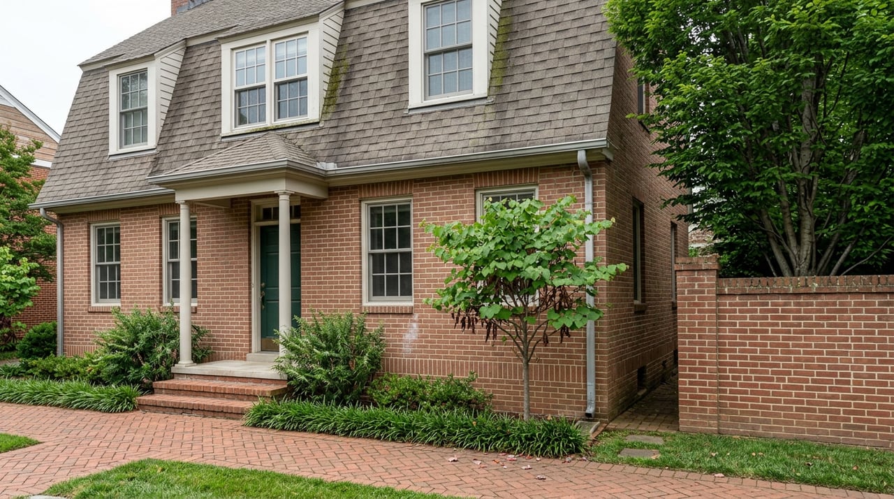 Brick gambrel-roofed home with a green door, redbud tree, and herringbone walkway.