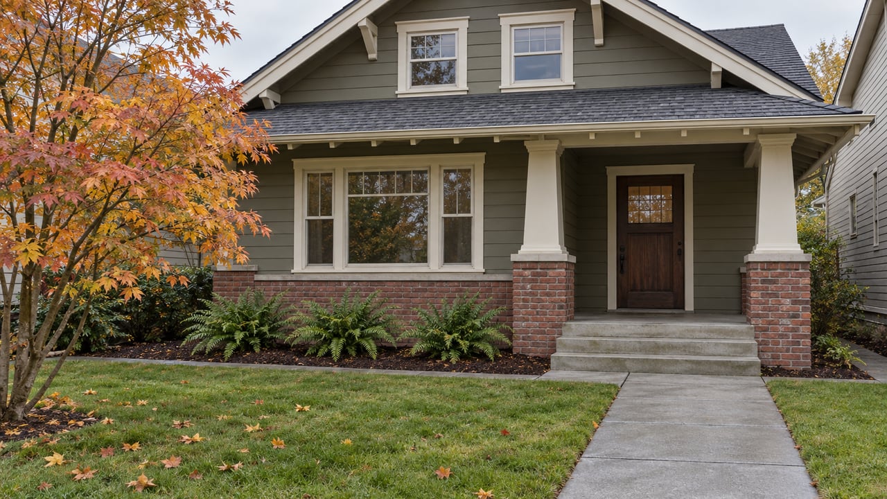 Olive-gray gabled house with a covered porch, brick column bases and a damp front lawn beside a copper-leaved vine maple.