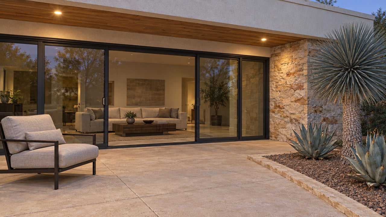 Evening light on a cream-stucco terrace with sandstone, timber soffit, closed glass doors and sculptural desert planting.