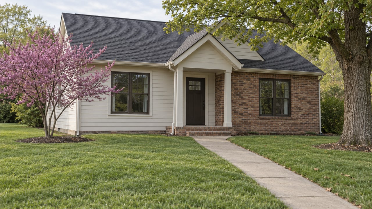 Detached home with off-white siding, red-brown brick, a concrete walkway, and trees beside a sloping lawn.