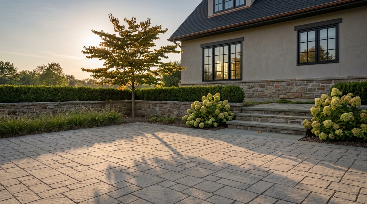Stone-paved motor court with an entry stair, clipped hedge, and amber-leaved tree casting long shadows.