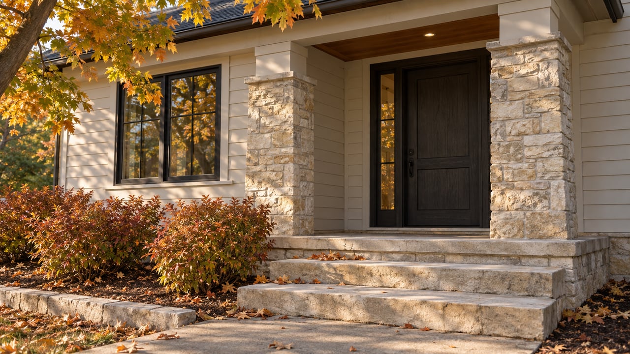Autumn house entry with a charcoal wood door, stone porch posts, limestone steps, and amber maple leaves.