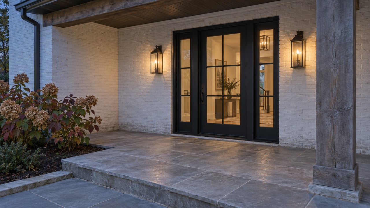 Warmly lit glass entry with paired sidelights, white-painted brick, weathered timber porch supports, and gray stone paving beside oakleaf hydrangeas at dusk.
